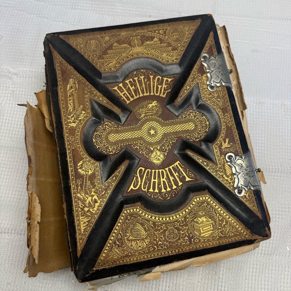 Antique 1800s German Holy Bible Heilige Schrift Scripture Leather Rough Book